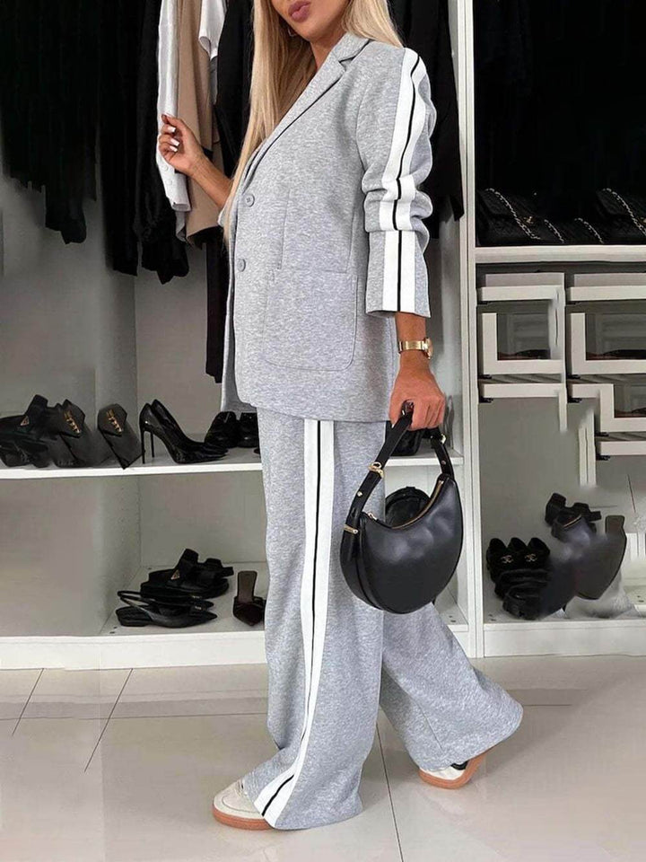 Sporty Patchwork Lapel Blazer at Elastic Waist Pocket Loose Pants Set