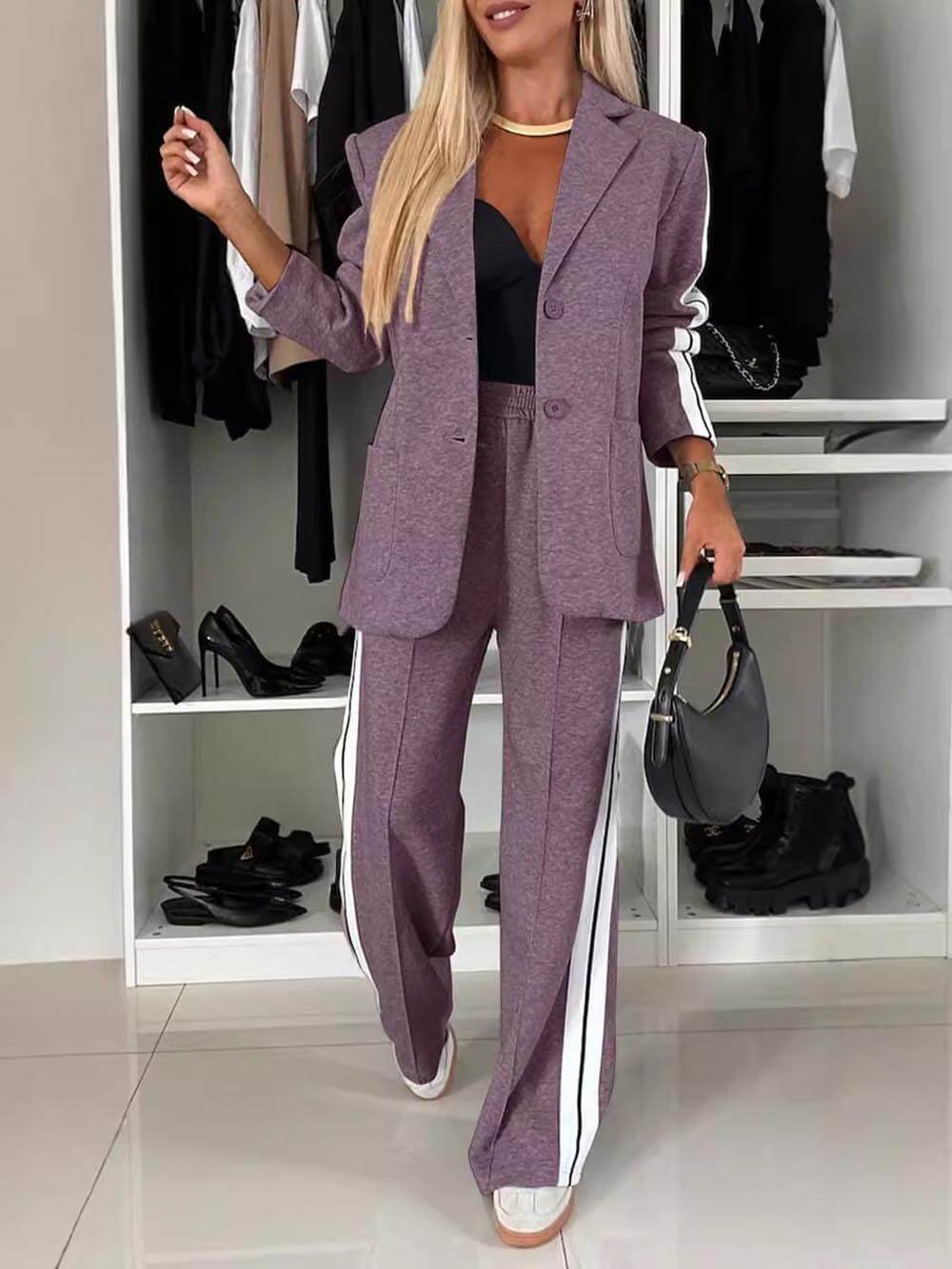 Ensemble blazer sportif à revers en patchwork et pantalon ample avec poche à taille élastique