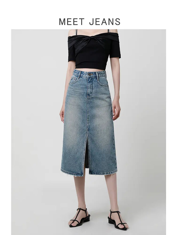 Hoge taille split denim rok