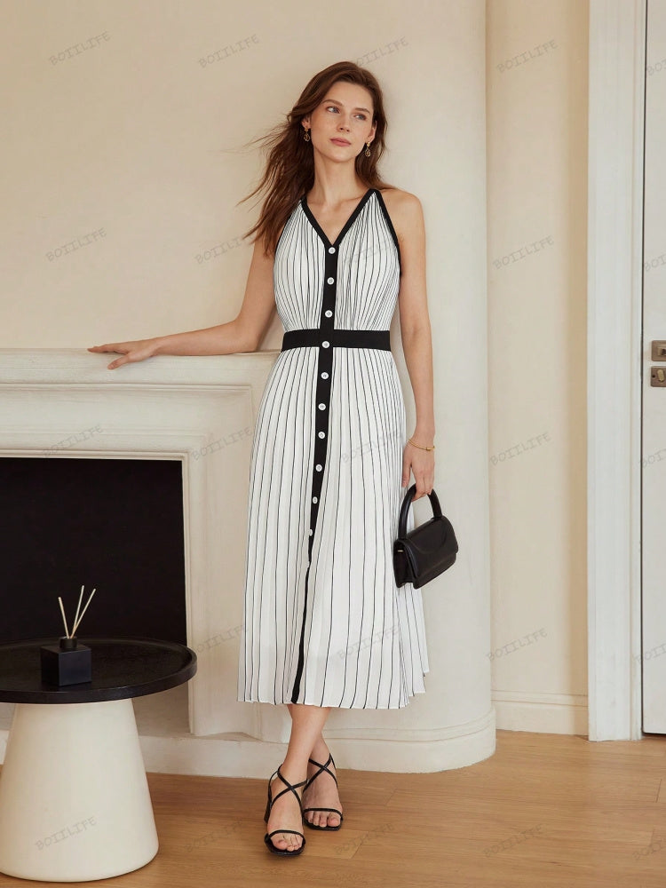 High-End Limited Edition Striped Color-Blocked Sleeveless Dress