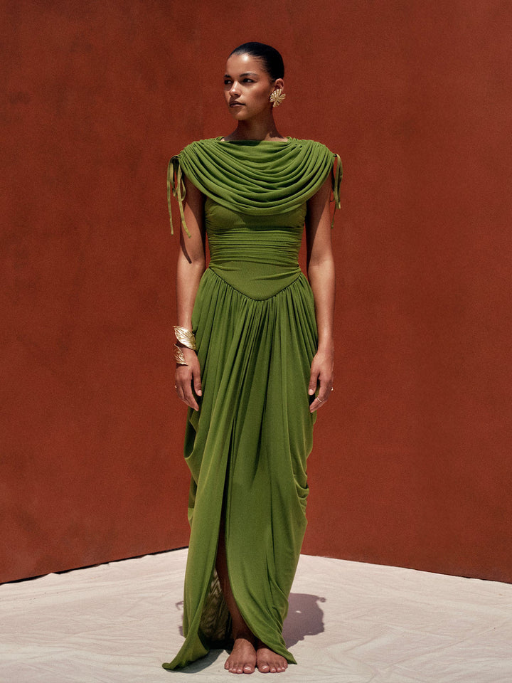 Maxikleid mit Drapierung aus Mesh-Stoff