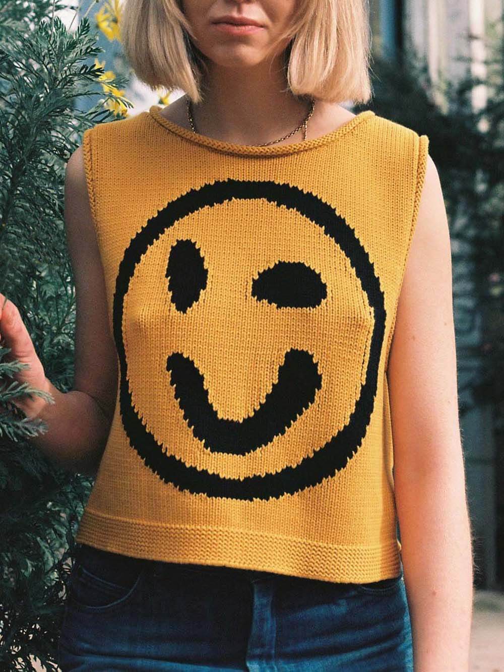 Happy Face Knit Unikt Mønster Alsidig Løs Tank Top