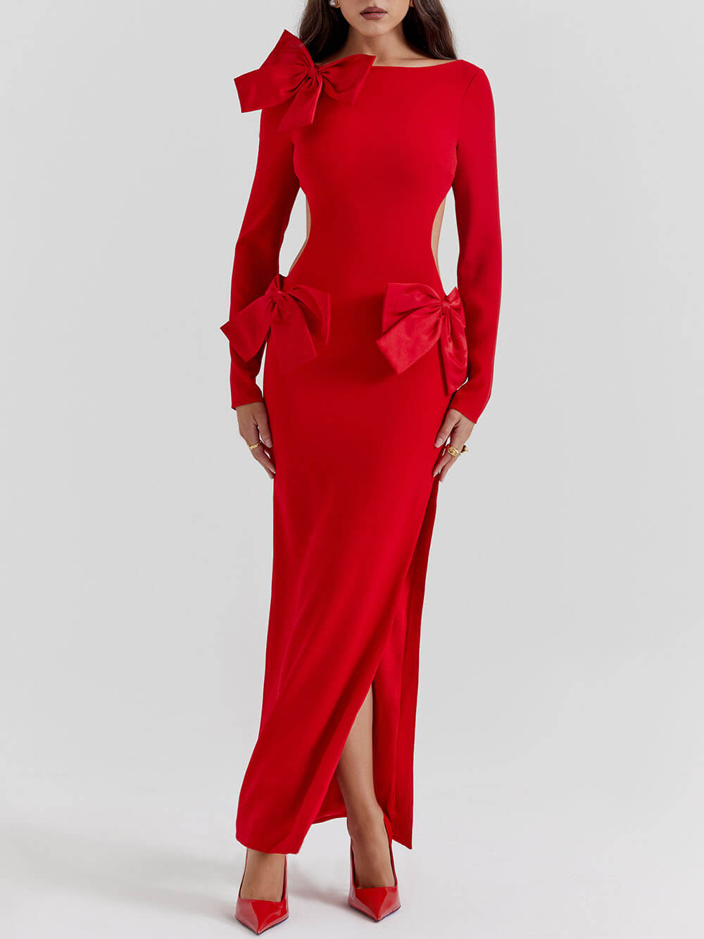 Kırmızı Fiyonklu Maxi Elbise