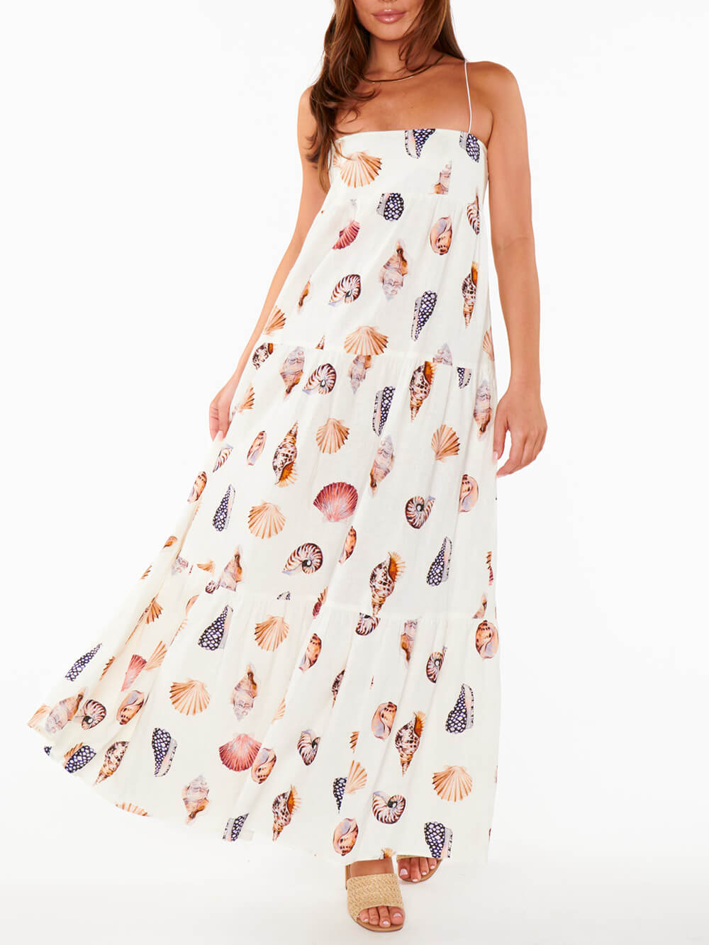 Unieke lichtgewicht maxi-jurk met schelpschelpprint en geplooide zakken