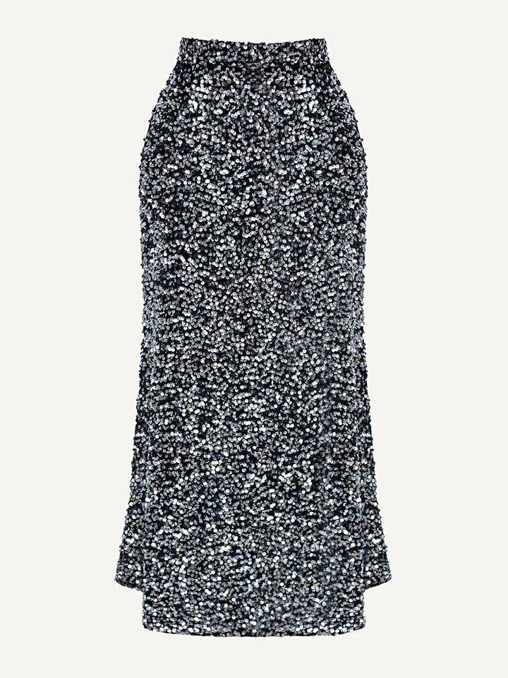 Velvet Skirt na Pinalamutian ng Sequin Sa Silver