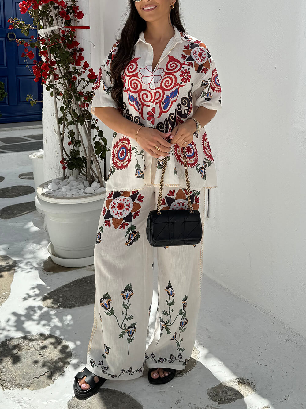 Μοναδικό και εκλεκτό Ethnic Floral στάμπα με ελαστική τσέπη μέσης παντελόνι-σετ