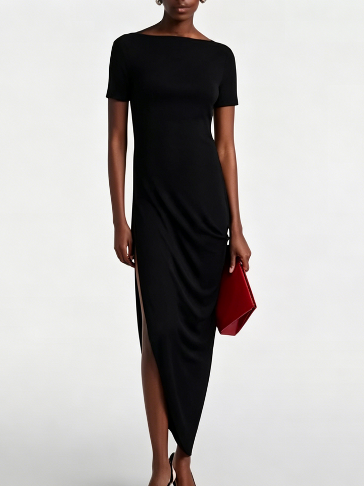 Bateau Backless Asymmetrical Slit Midi Dress