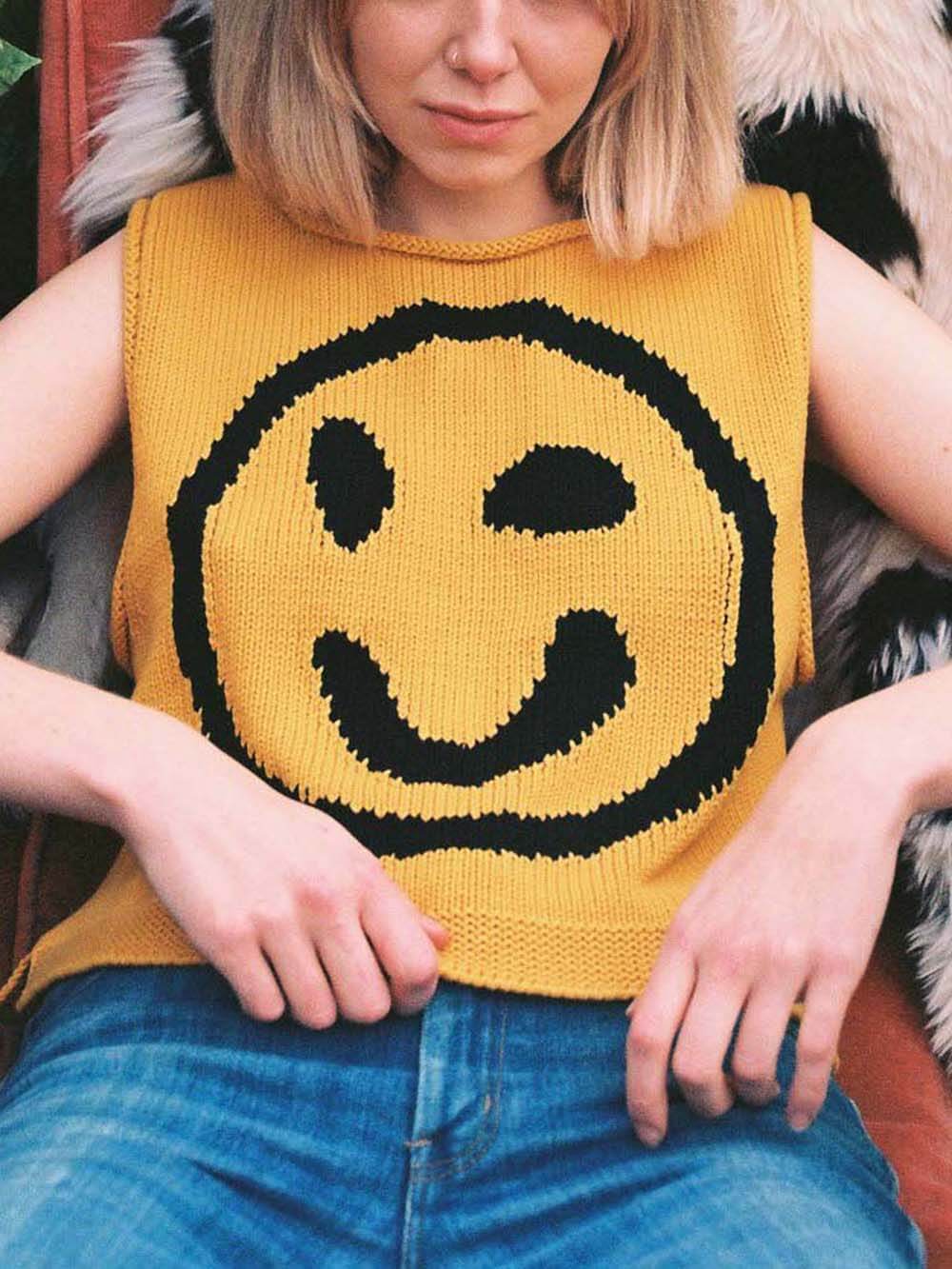 Happy Face Knit Unikt Mønster Alsidig Løs Tank Top