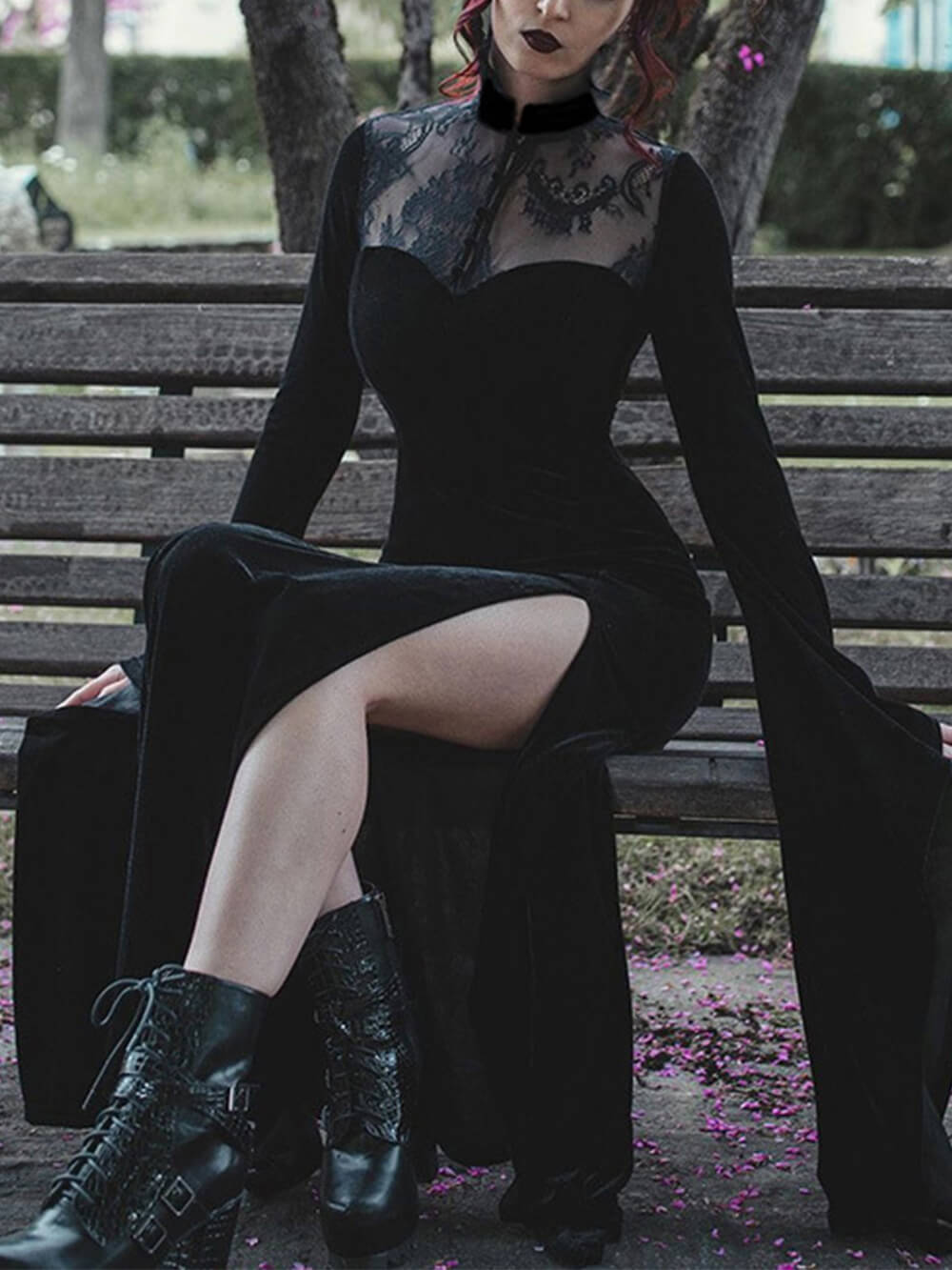 Vestido maxi de bruxa com saia sexy com fenda para Halloween