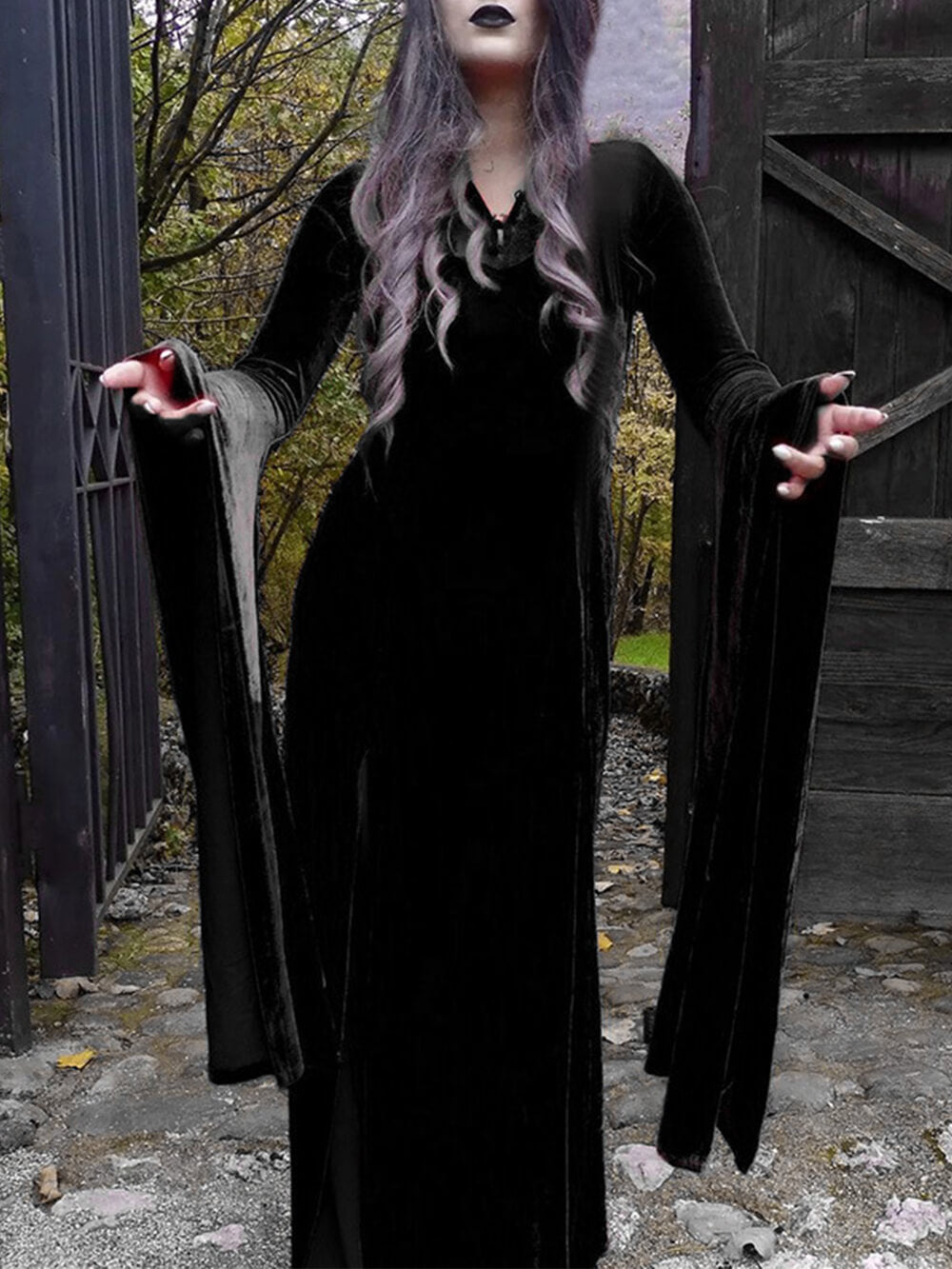 Robe longue de sorcière sexy avec jupe fendue pour Halloween