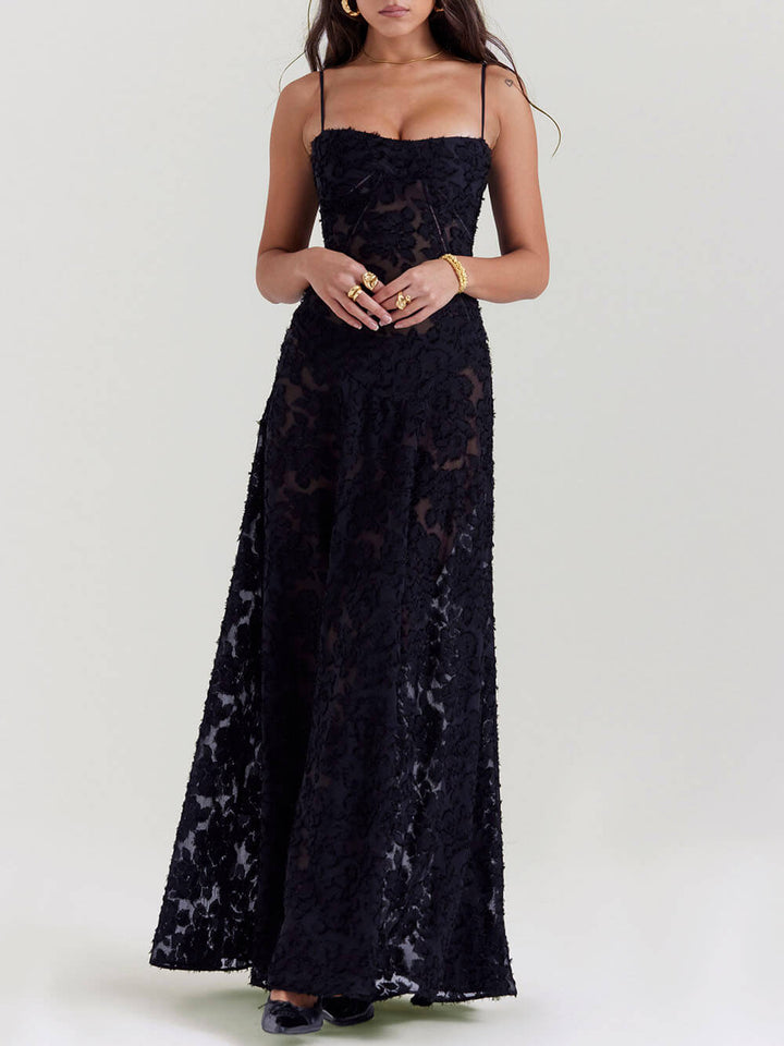 Zwarte maxi-jurk met kanten achterkant en bloemen