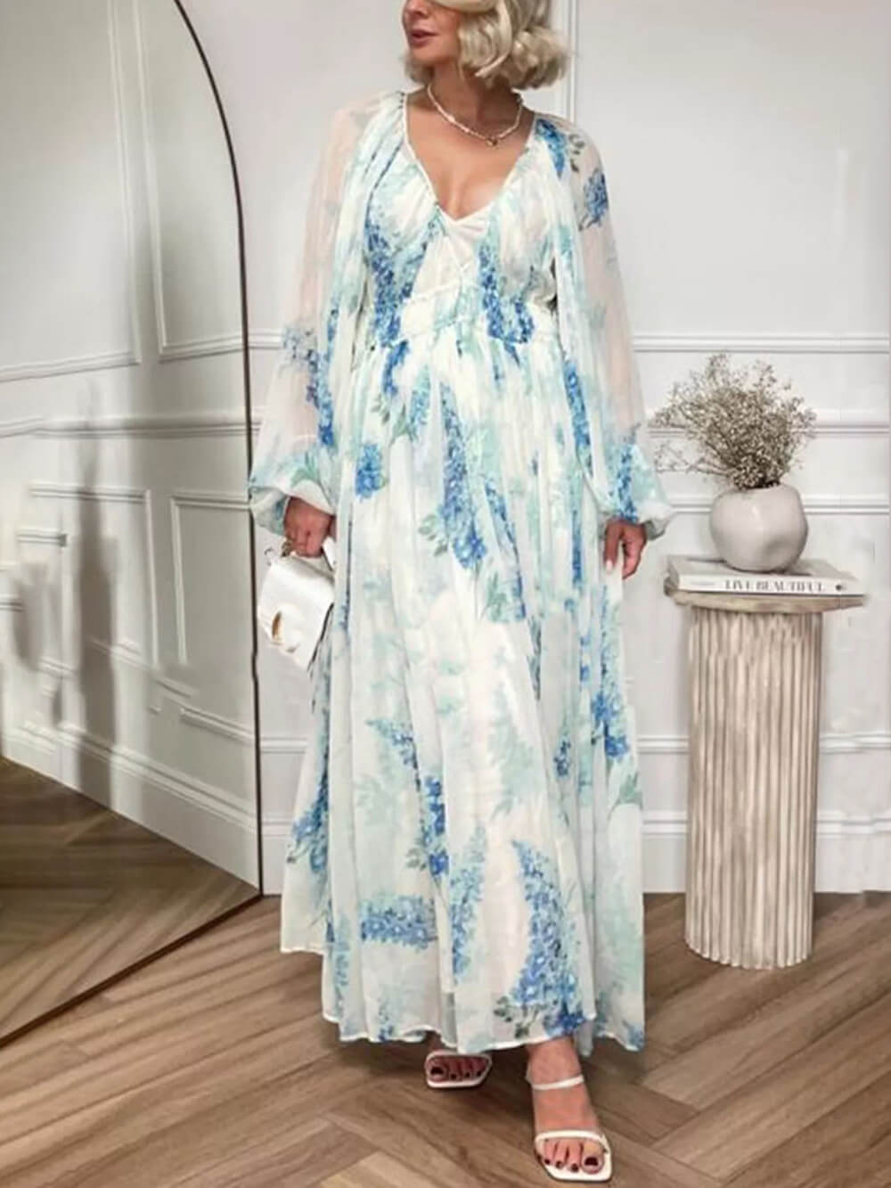 ओशियन फ्लावर शिफॉन फ्लोरल ड्रॉस्ट्रिंग कमर मैक्सी ड्रेस