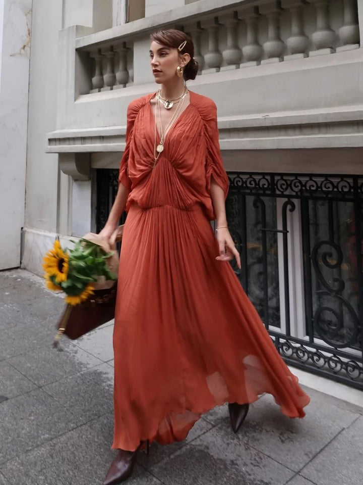 Terracotta Chiffon Flowy Maxi Dress