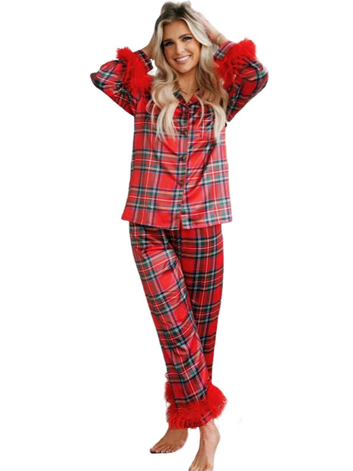 Plaidprint satin pyjamassæt