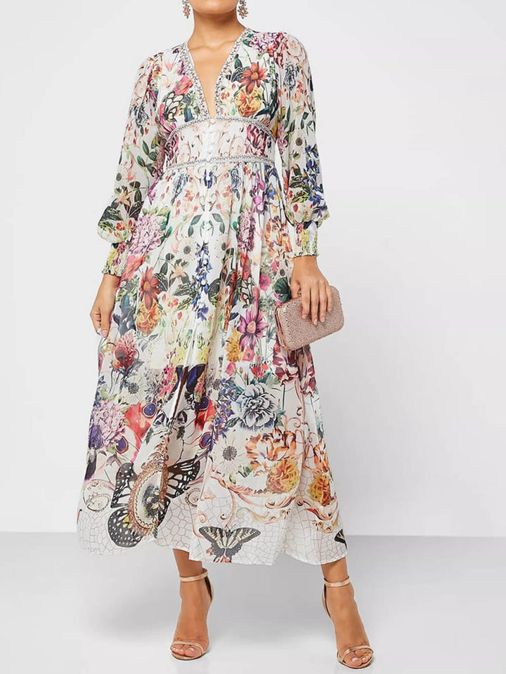Botonische maxi-jurk van chiffon met bloemenprint en V-hals