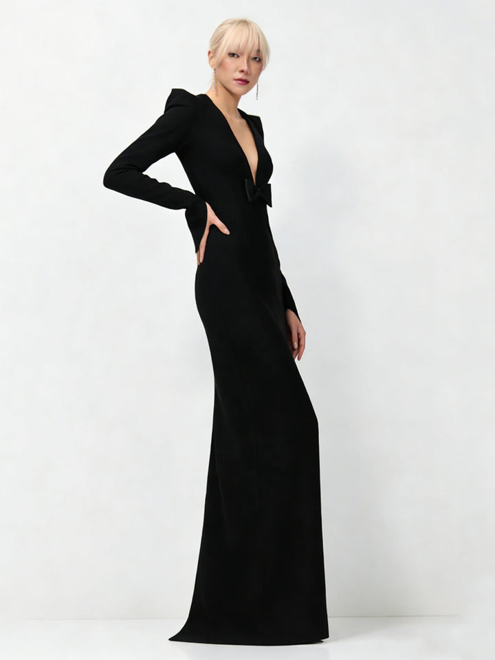 Black Deep V Bow Formal Gown