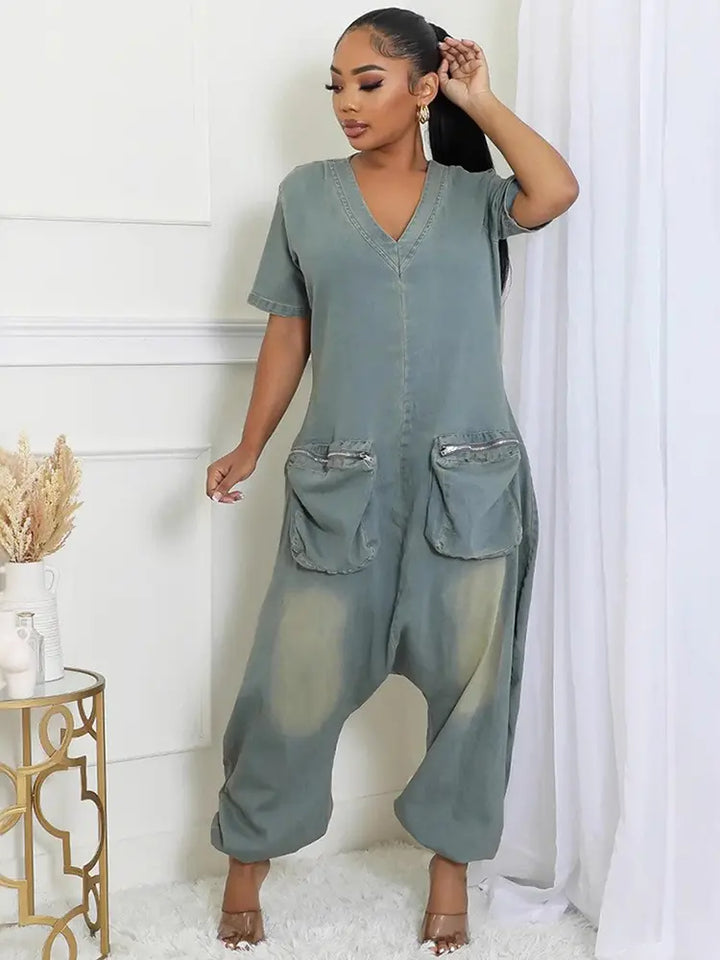 Retro Løs Jumpsuit med Lommer