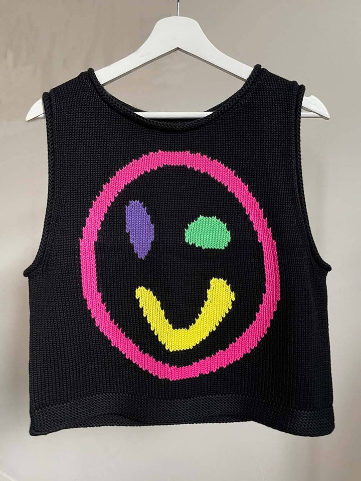 Happy Face Knit Unique Pattern Versatile Loose Tank Top