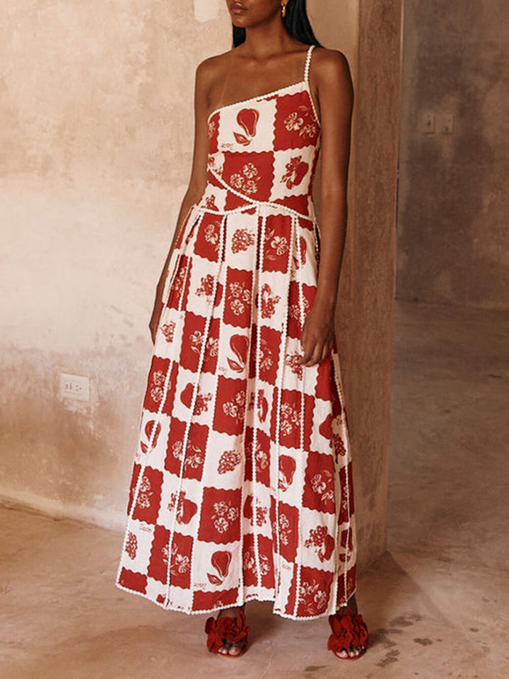 עיטור פרחוני שמלת מקסי מודפסת ייחודית עם כתף אחת מתרחבת