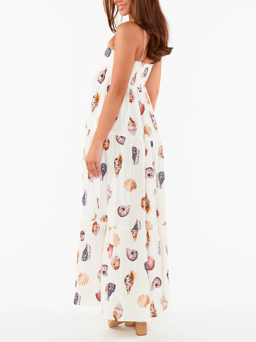 Unieke lichtgewicht maxi-jurk met schelpschelpprint en geplooide zakken