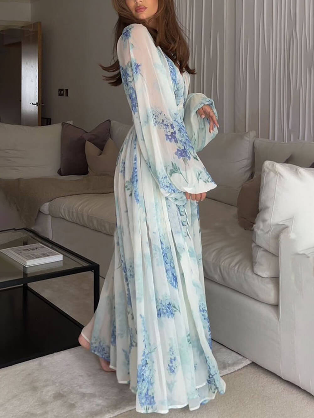 ओशियन फ्लावर शिफॉन फ्लोरल ड्रॉस्ट्रिंग कमर मैक्सी ड्रेस
