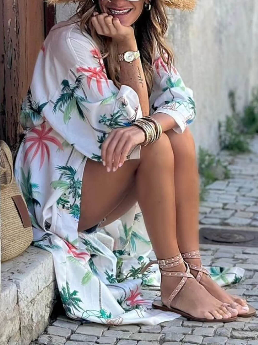 Vacation Style Botanical Print Tie-Waist Long Cover-Up Dress