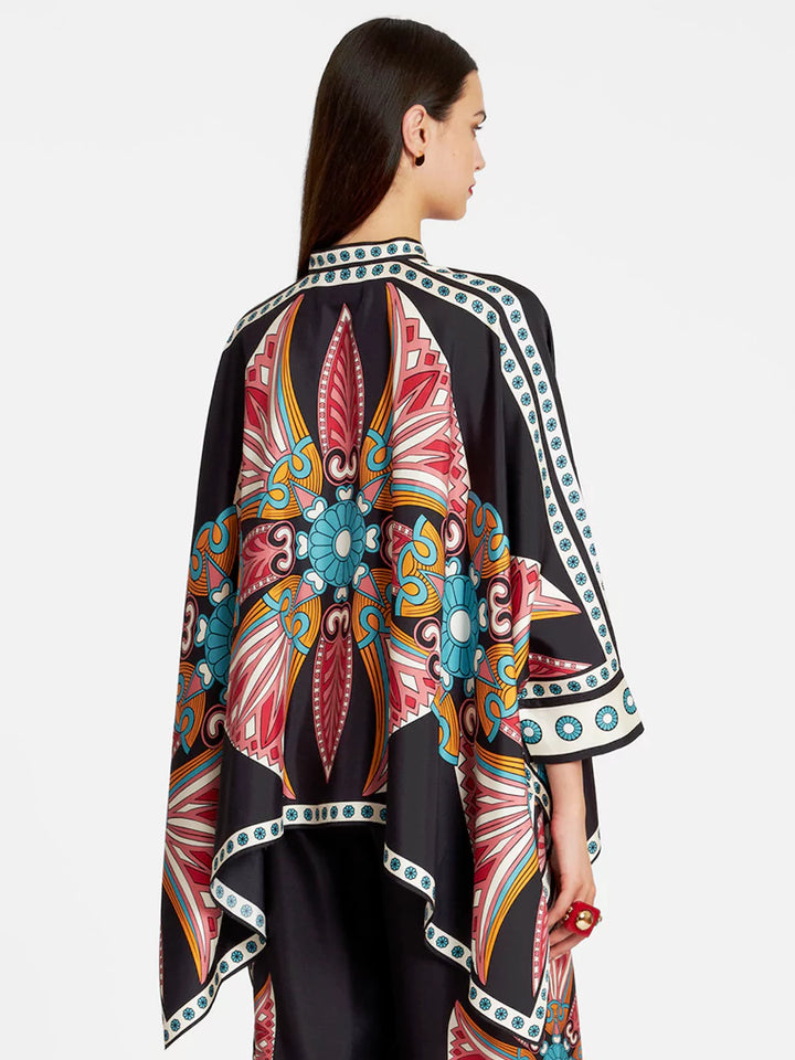 Fint satin blomsterprint Batwing Sleeve buksesæt - hvid