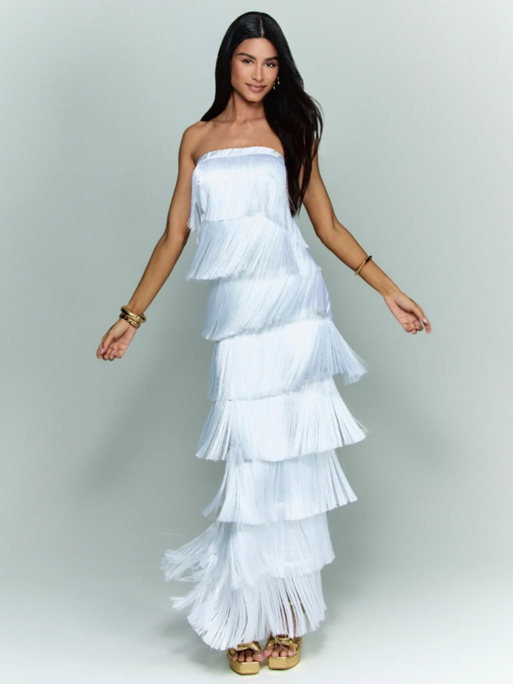 White Strapless Fringe Satin Gown