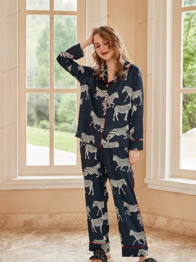 Set de pijamale din mătase rece cu imprimeu zebra