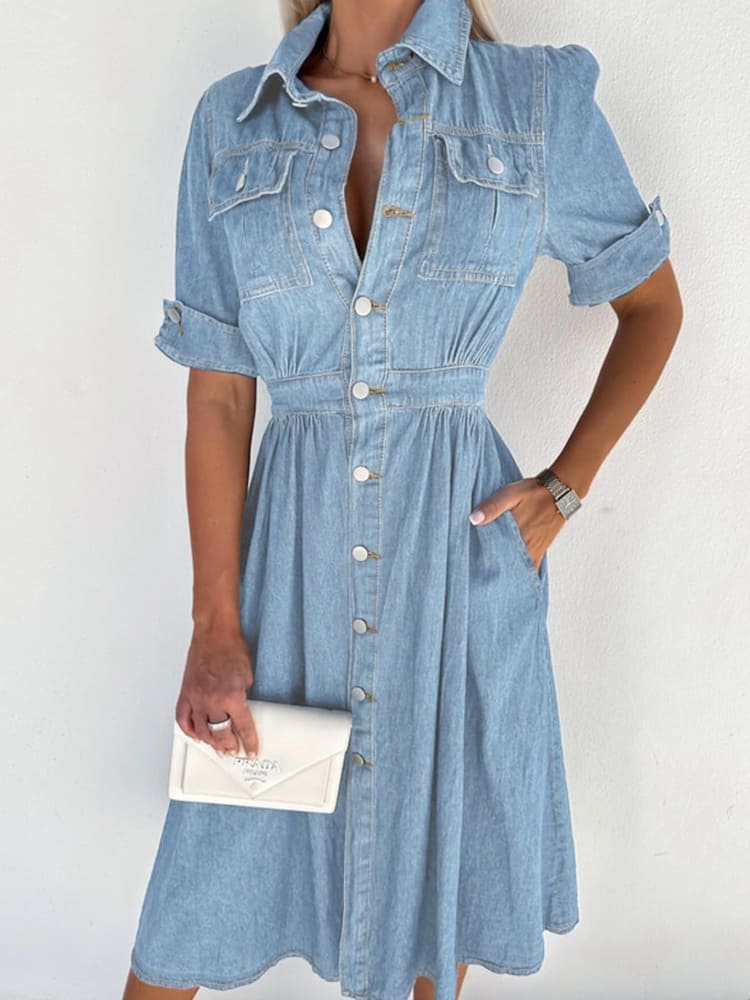 Collar Buttoned Slim Fit Denim Dress