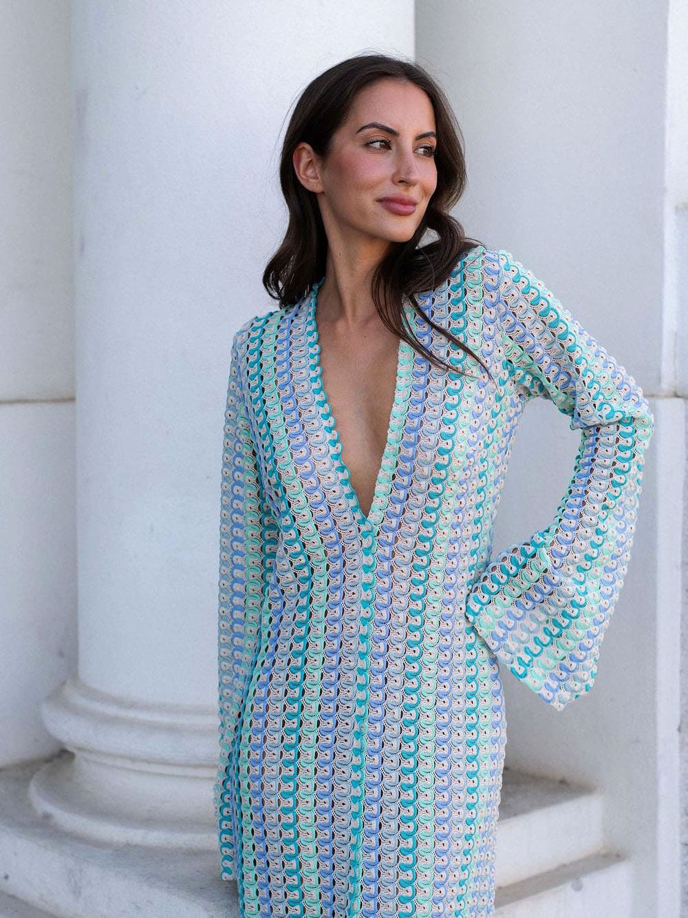 Boho V Neck Bell Sleeve Wavy Striped Crochet Beach Vacation Maxi Dress - Asul