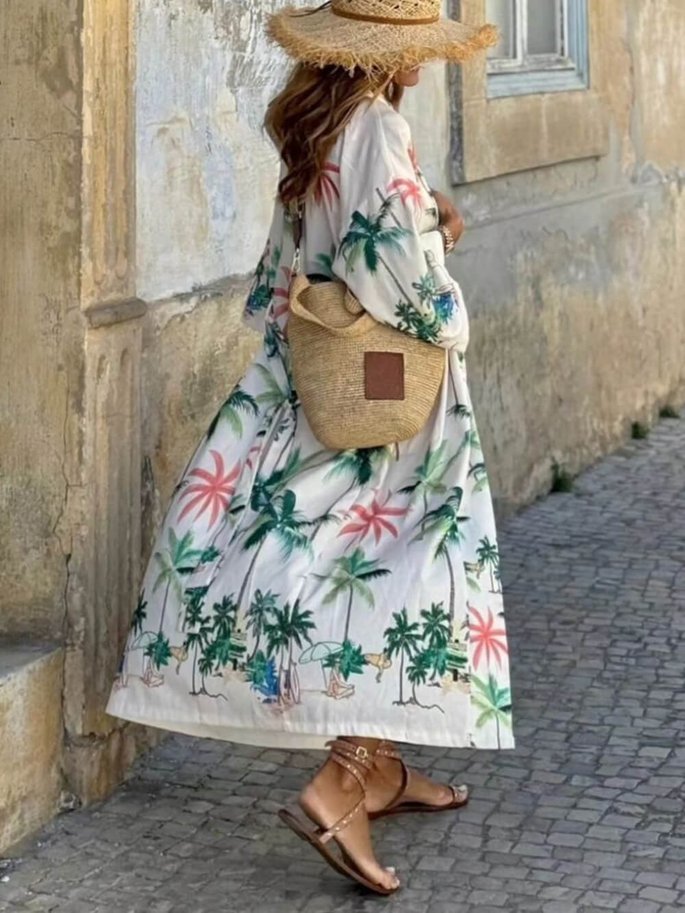 Vestido tipo pareo largo con cintura anudada y estampado botánico estilo vacaciones