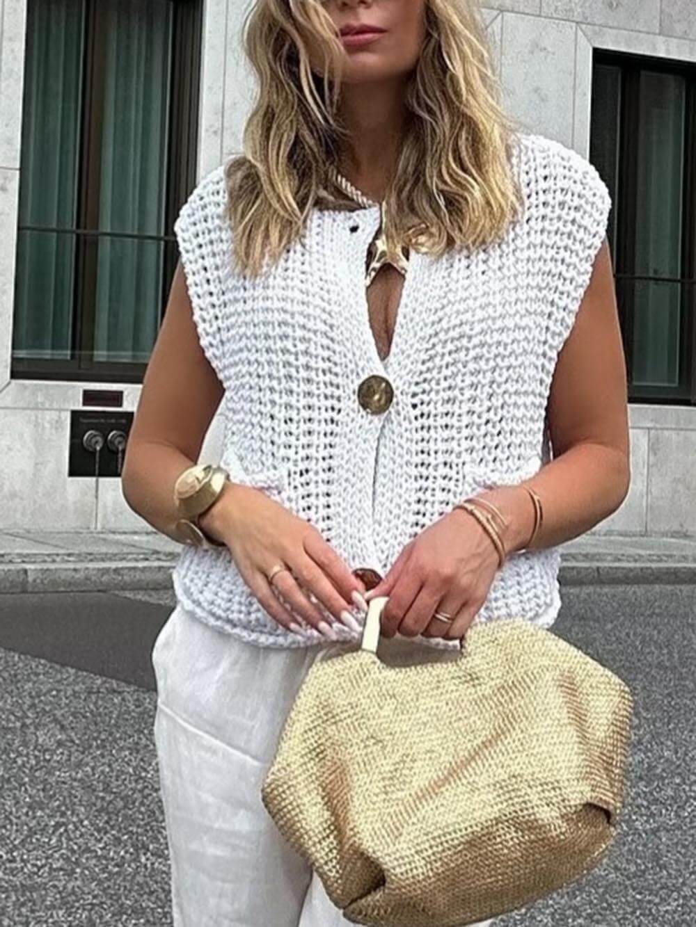 Cardigan din tricot decupat fără mâneci cu buzunar elegant