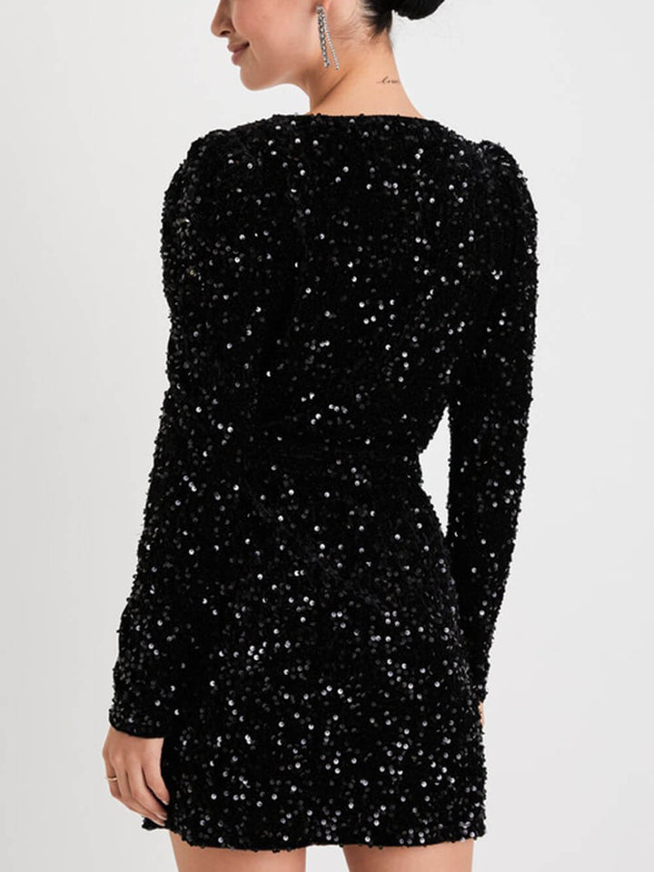 Siyah Payet Kadife Uzun Kollu Anvelop Mini Elbise