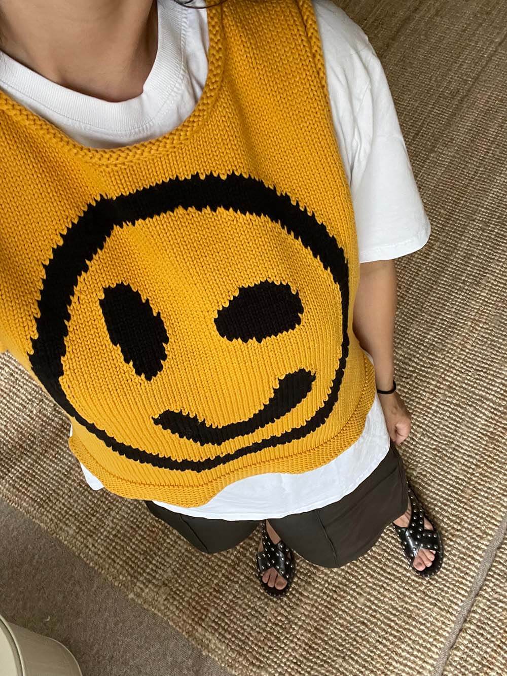 Happy Face Knit Unikt Mønster Alsidig Løs Tank Top