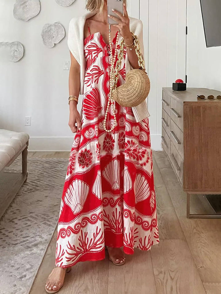 Luźna sukienka maxi ze sznurowanym przodem i unikalnym nadrukiem Shell