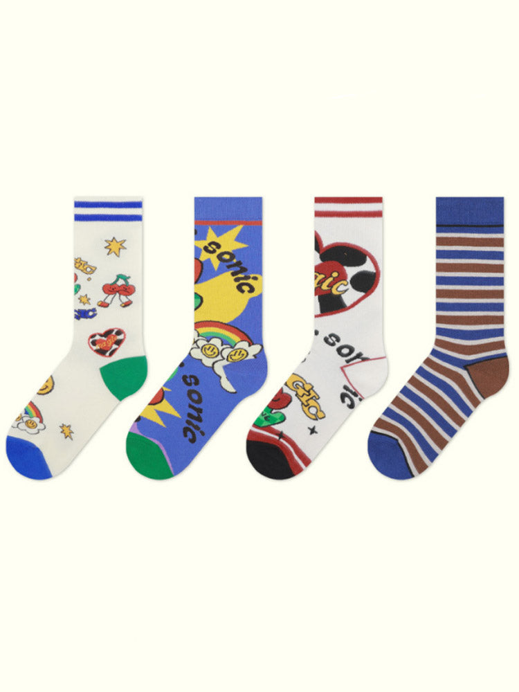 Cute Cartoon Pattern Color Block Socks