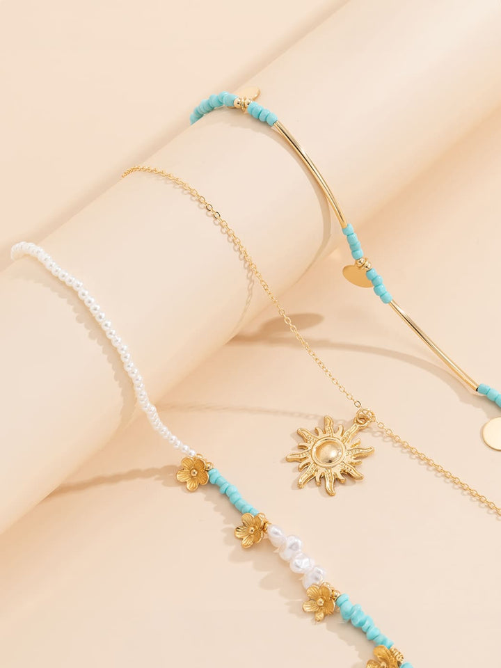 3 piezas collar con cuentas y perla artificial floral y sol