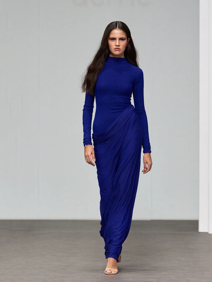 Electric Blue Ruched High-Neck Maxi Dress