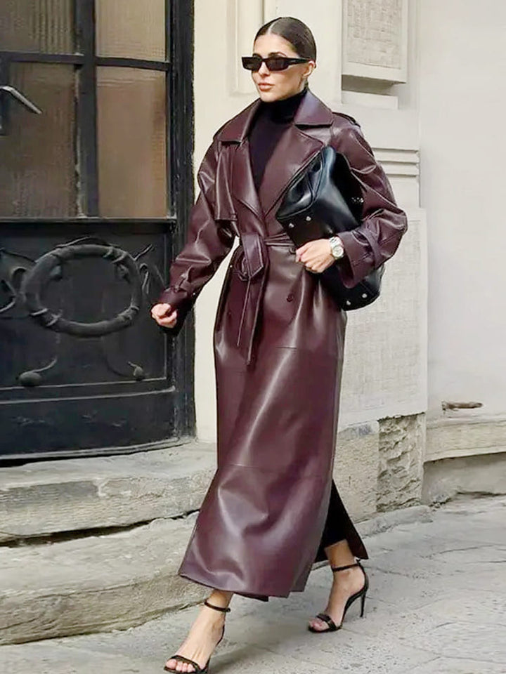 Lapel PU-lær trenchcoat med belte i midjen