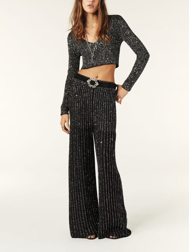 Disco Stijl Pailletten Streep Crop Top Broek Set