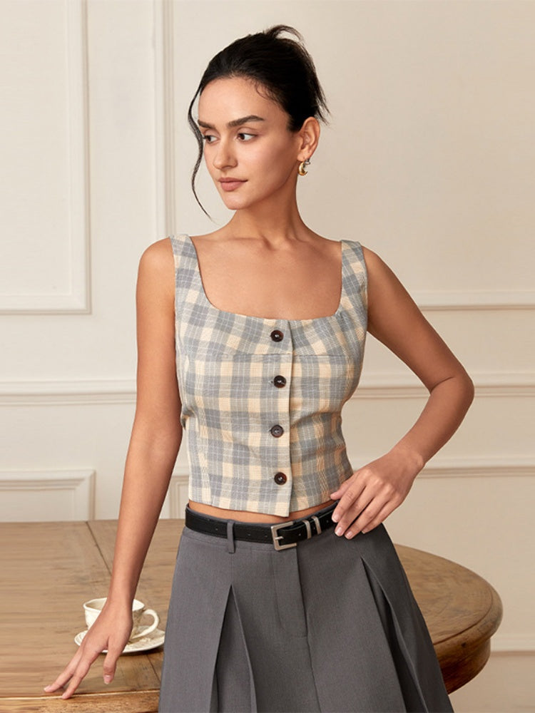 Kamiseta na May Malapad na Strap na Plaid na Klásiko