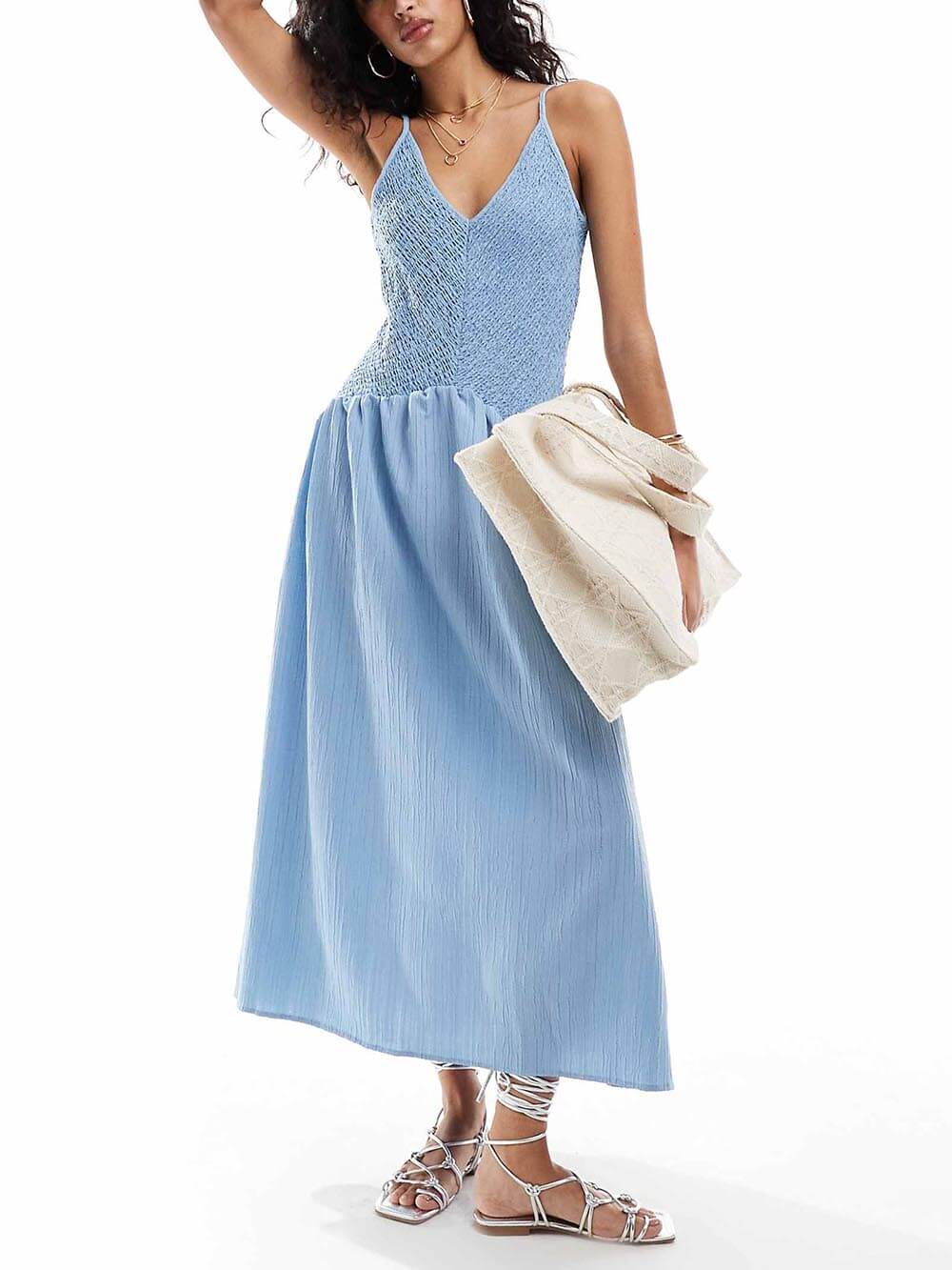 Fashionable Patchwork Smocked Sleeveless Suspender Midi Dress