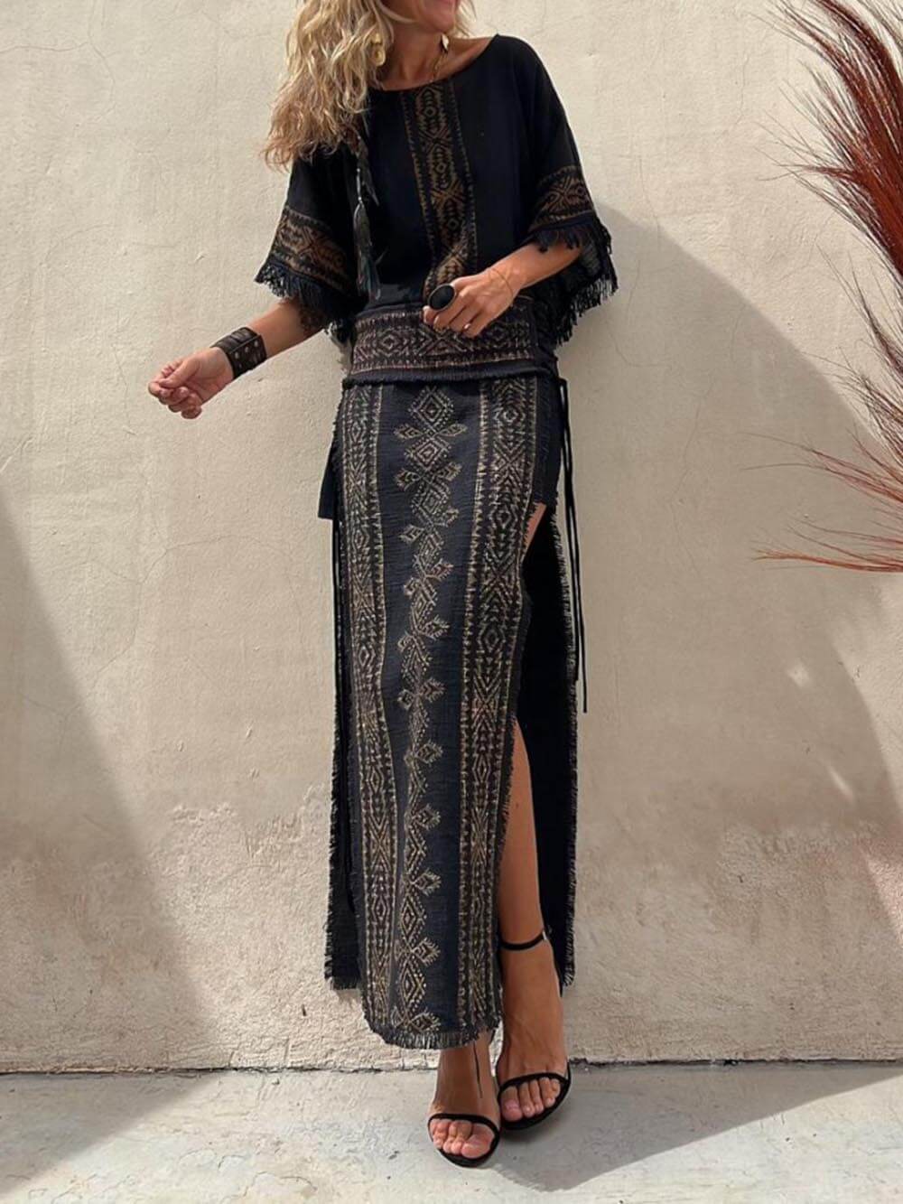 Ethnic Print Patchwork Side Lace-Up Maxi Skirt-Set
