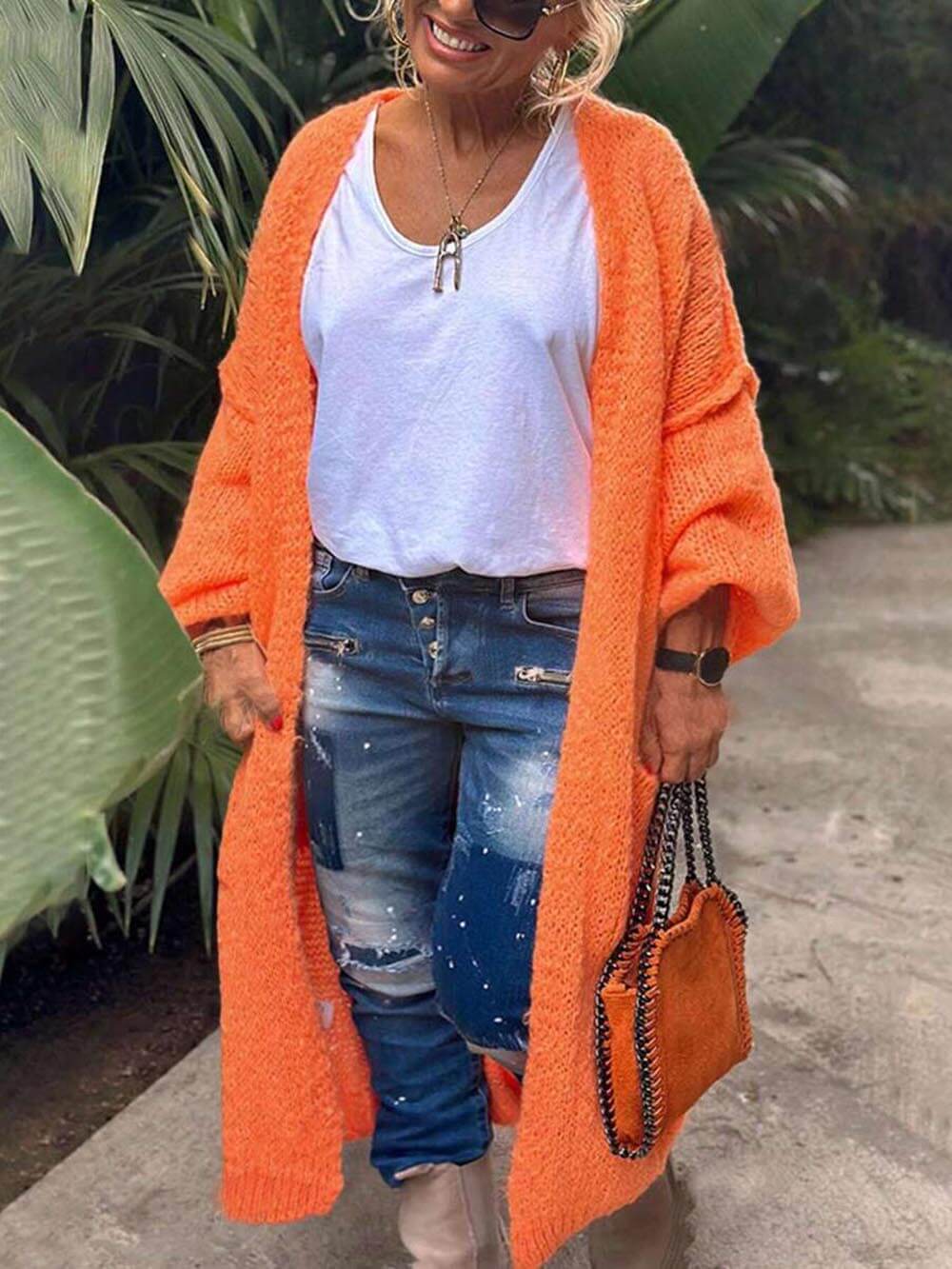 Cardigan in maglia con motivo a cuore di grandi dimensioni con tasca casual