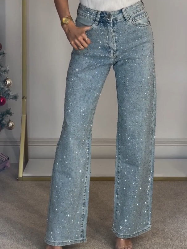 Jeans droit taille haute en diamanté