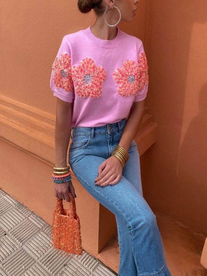 Sweet Contrast Color Flower Round Neck Short Sleeve Sweater