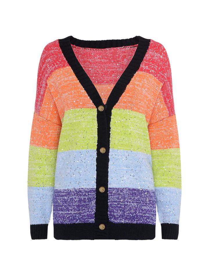 Cardigan con paillettes a righe arcobaleno e gonna a righe con paillettes multiple