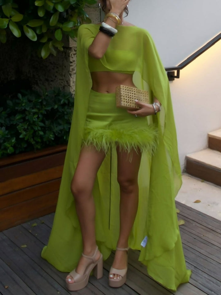 Chiffon Cape Crop Top & Satin Feather Mini Skirt