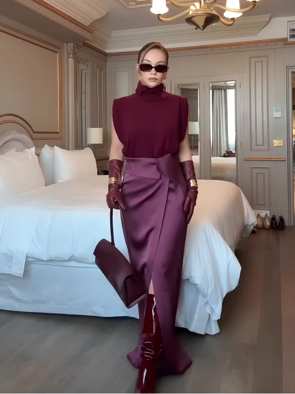 Merlot Knit Top Satin Skirt Set